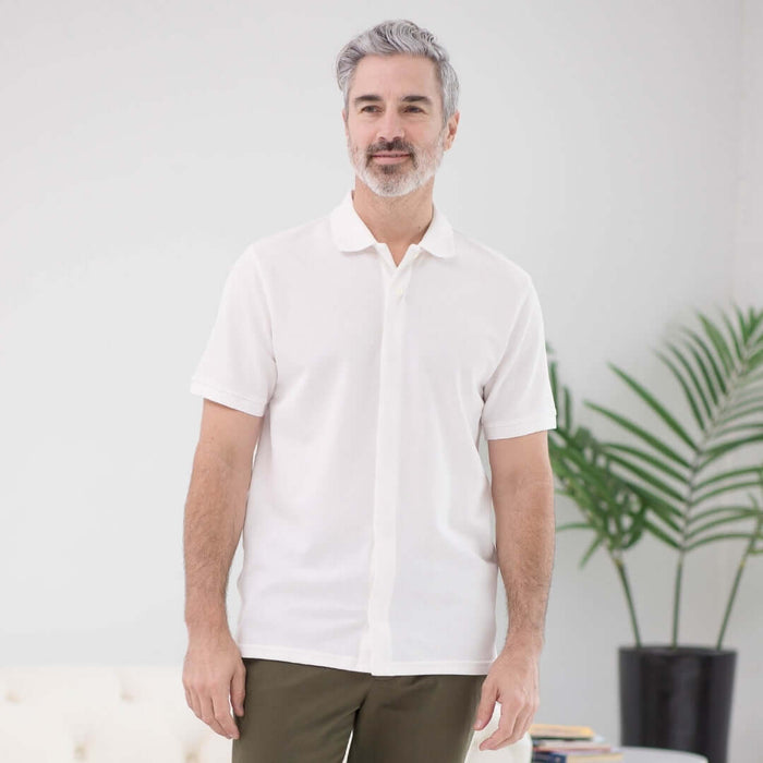 MagnaReady White Pique Knit Short Sleeve Polo with Magnetic Closures - lifestyle shot