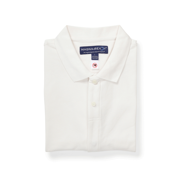 MagnaReady White Pique Knit Short Sleeve Polo with Magnetic Closures - lifestyle shot
