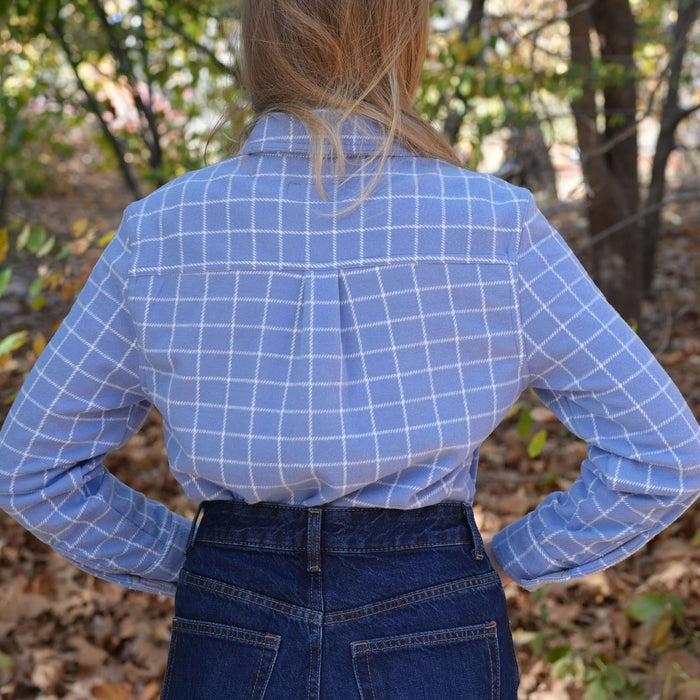 MagnaReady Women's Adaptive Blue and White Flannel Shirt with Magnetic Closures - back view