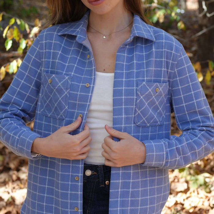 MagnaReady Women's Adaptive Blue and White Flannel Shirt with Magnetic Closures - cozy fashionable view