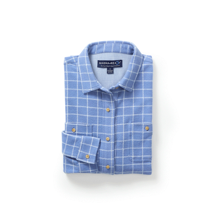 MagnaReady Women's Adaptive Blue and White Flannel Shirt with Magnetic Closures - motion view