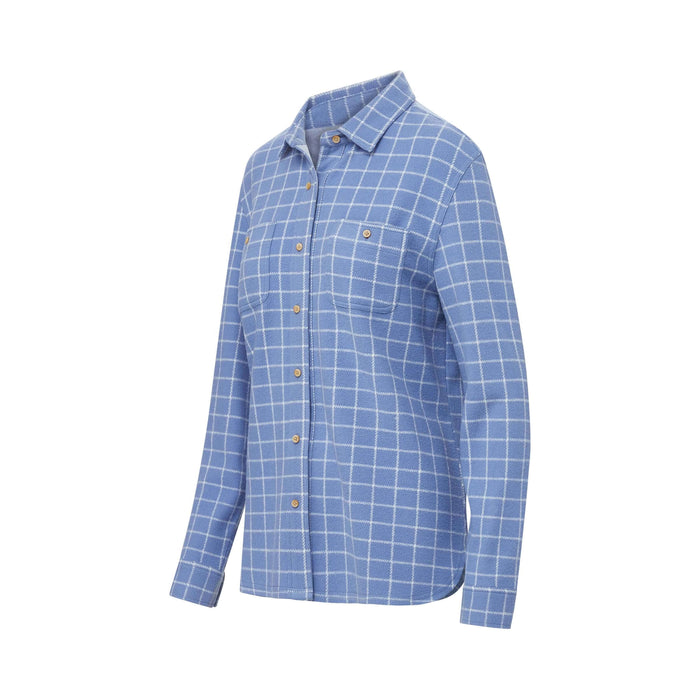 MagnaReady Women's Adaptive Blue and White Flannel Shirt with Magnetic Closures - worn view