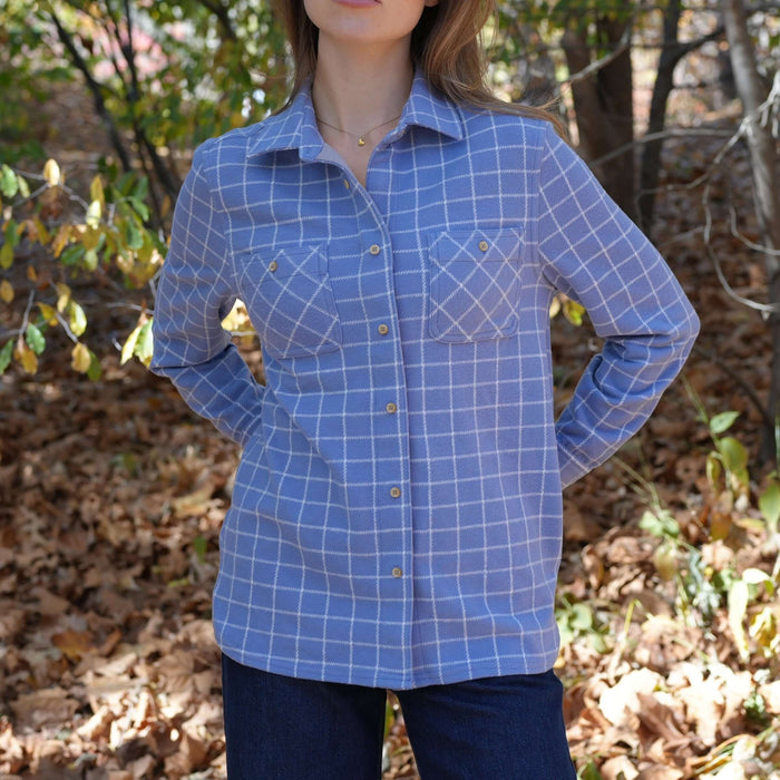 MagnaReady Women's Adaptive Blue and White Flannel Shirt with Magnetic Closures - stylish accessible view