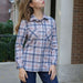 MagnaReady Women's Adaptive Navy and Grey Flannel Shirt with Magnetic Closures - accessible dressing view