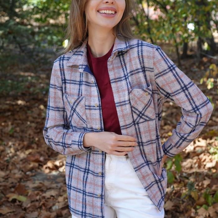 MagnaReady Women's Adaptive Navy and Grey Flannel Shirt with Magnetic Closures - front view