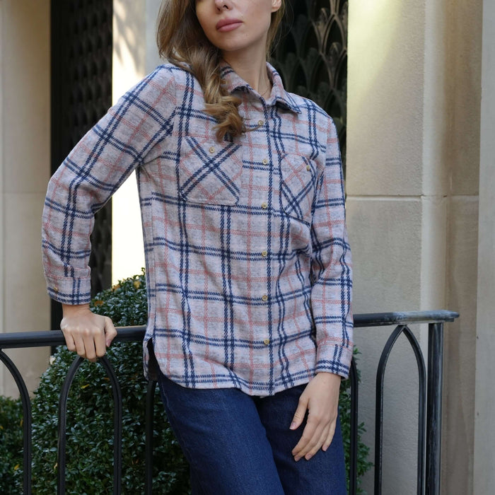 MagnaReady Women's Adaptive Navy and Grey Flannel Shirt with Magnetic Closures - stylish accessible view