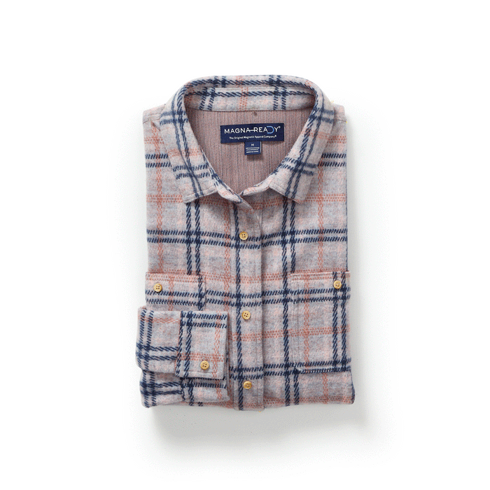 MagnaReady Women's Adaptive Navy and Grey Flannel Shirt with Magnetic Closures - motion view