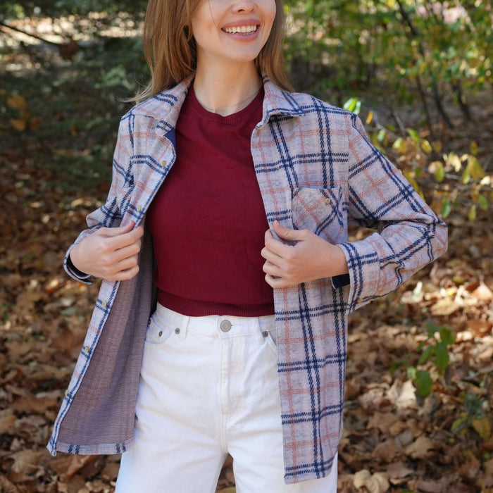 MagnaReady Women's Adaptive Navy and Grey Flannel Shirt with Magnetic Closures - comfortable accessible view