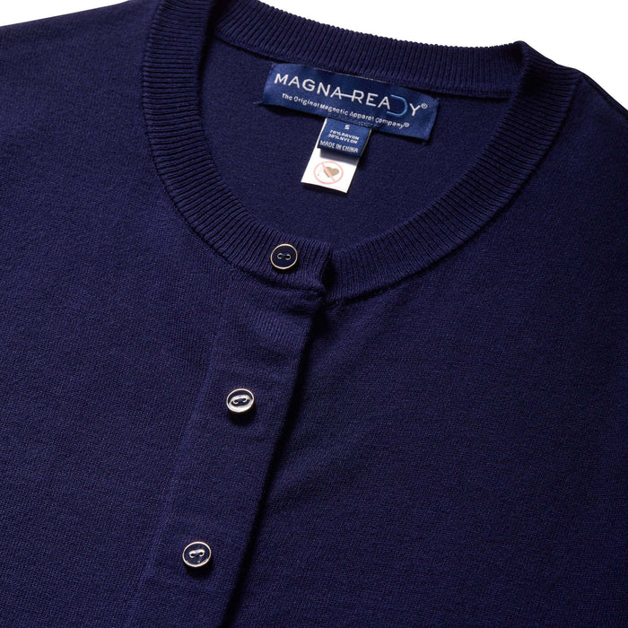 MagnaReady Women's Navy Adaptive Magnetic Knit Cardigan Sweater - second lifestyle view