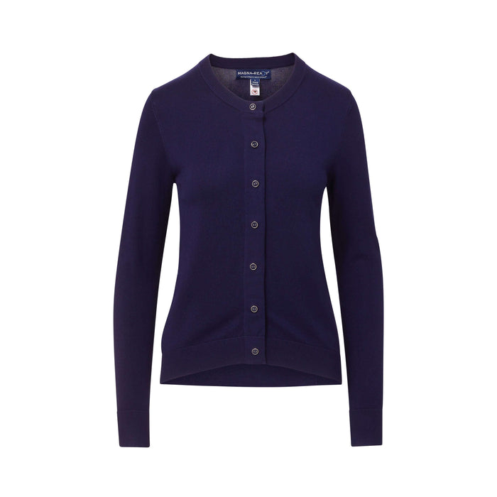 MagnaReady Women's Navy Adaptive Magnetic Knit Cardigan Sweater - third lifestyle view