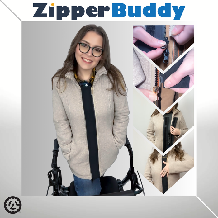 Woman using ZipperBuddy No-Sew Hook & Loop Jacket Closure Attachment, surrounded by close-up shots of the product.