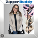Woman using ZipperBuddy No-Sew Hook & Loop Jacket Closure Attachment, surrounded by close-up shots of the product.