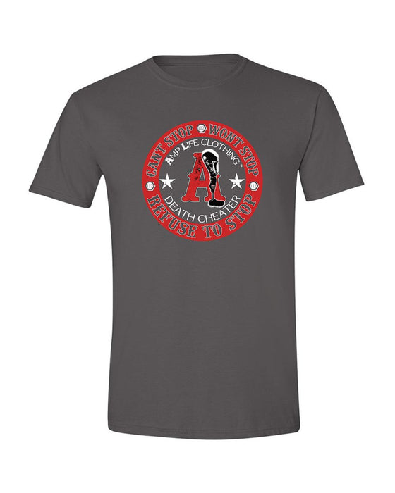 AMPLIFE DEATH CHEATER CHARCOAL GREY & RED T-SHIRT - T-SHIRTS - Amplife®