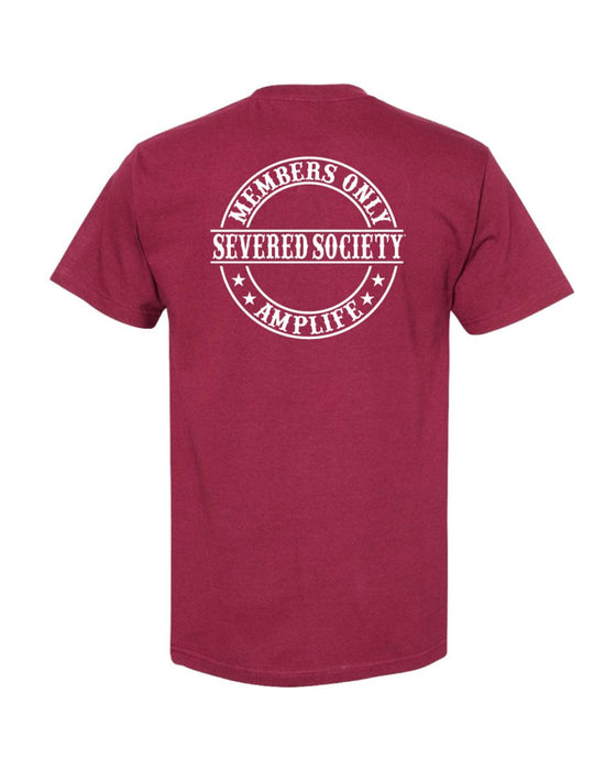 SEVERED SOCIETY MEMBERS ONLY LEFT CHEST & BACK PRINT BURGUNDY & WHITE T-SHIRT - T-SHIRTS - AMPLIFE™